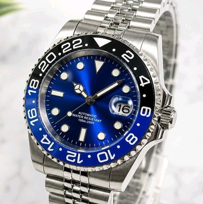 Cobalt Blue Sunburst Automatic Divers Watch Black Blue Sapphire Ceramic Steel UK