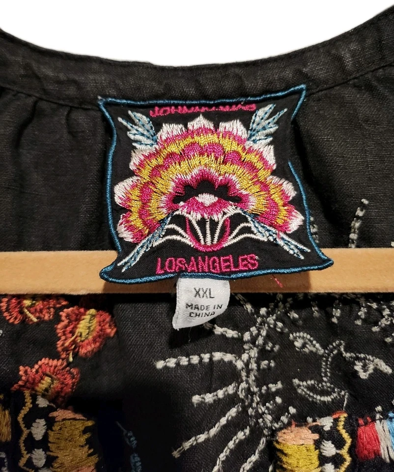 Johnny Was Embroidered Maris Linen Peasant Tunic Black XXL - Image 2 of 4