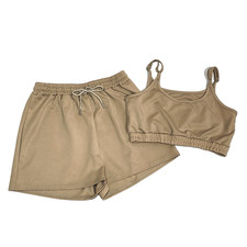 Active Shorts Set  Crop Cami Top Medium Beige Comfy Lounge Stretchy Elastic  d