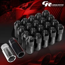 JDM BLACK 20PCS M12X1.5 23MM OD 53MM TALL ALUMINUM LUG NUTS WITH CAPS+ADAPTER