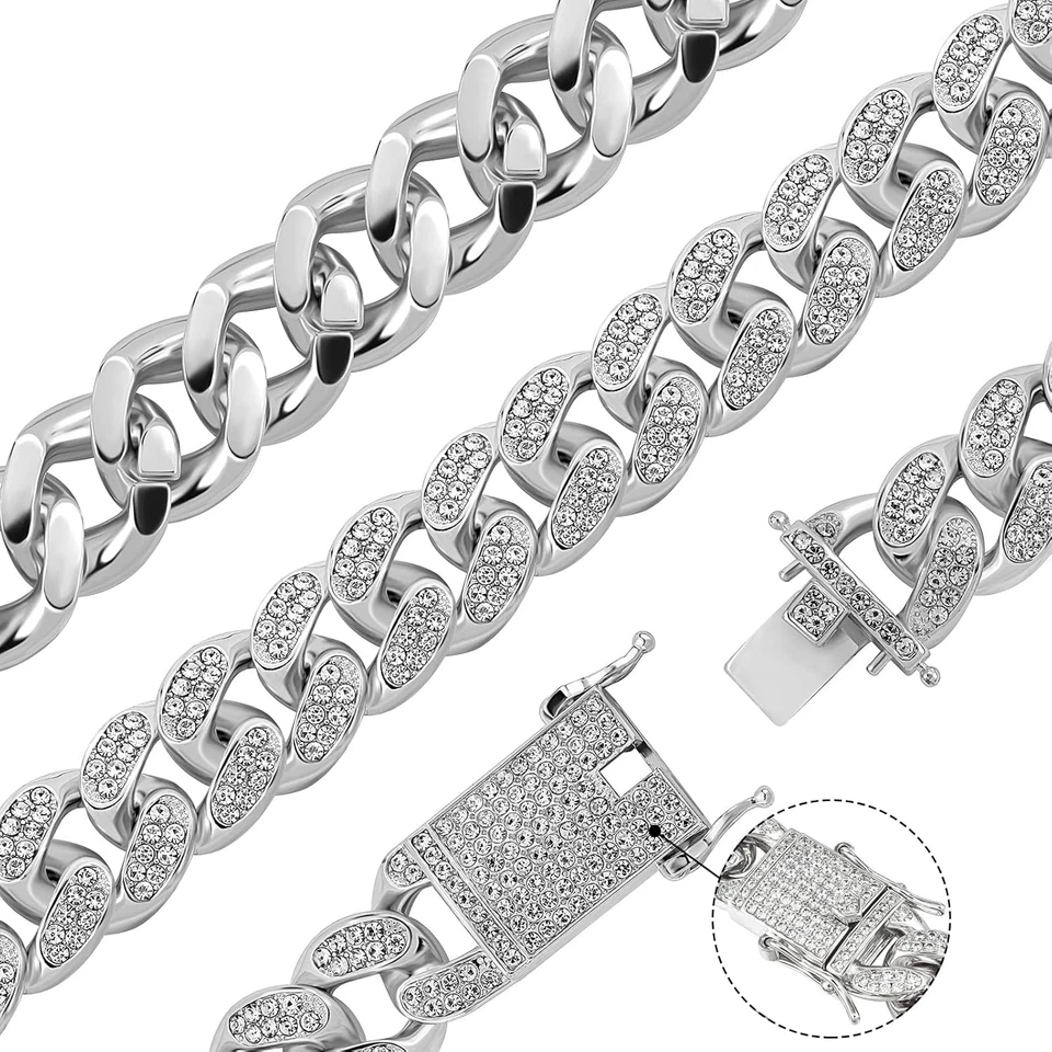 Cadena de eslabones cubanos para hombre, collar y pulsera de plata, cadenas cubanas de Miami, bling D Foto 2 de 4