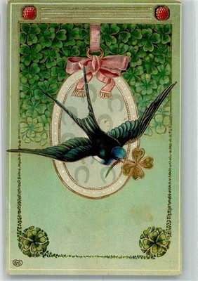 38179577 - Bird with Lucky Clover and Horseshoe Art Nouveau Artist Card E.A.S.
