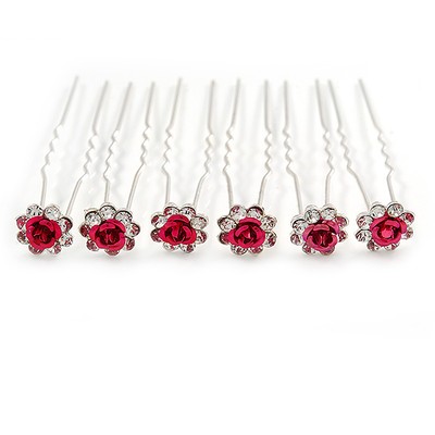 Bridal/ Wedding/ Prom/ Party Set Of 6 Clear Austrian Crystal Fuchsia Rose