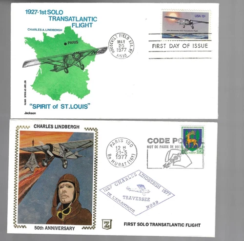 2 1977 Charles Lindbergh Spirit of St. Louis covers; Scott 1710 FDC/France 50th