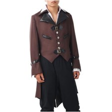 Men Gothic Victorian Tailcoat Steampunk Vampire Costume Brown Faux Leather Long