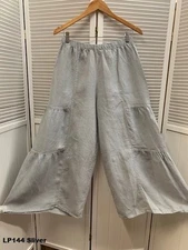 LP144 Sliver  1X NWT Match Point Linen Pants Cha Wide Flax Flood PLUS Grey Gray