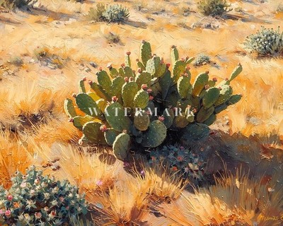 Desert Cactus Oil Painting Print Southwest Wildflower Wall Art Arizona Botanical