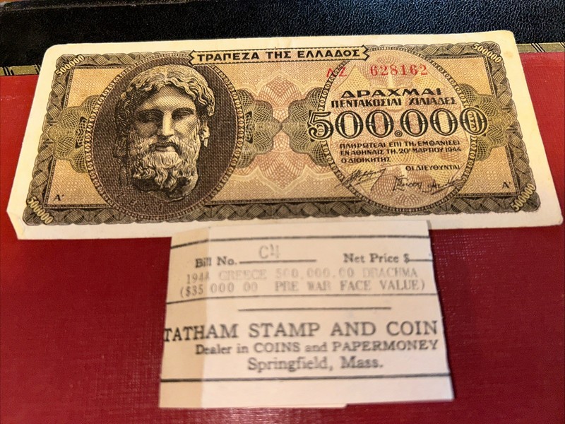 1944 Greece 500,000 Drachmai Banknote