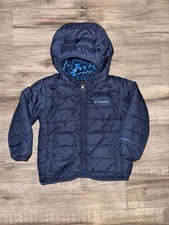 Toddler Boys Reversible Navy Patterned Columbia Puffer Winter Coat Fleece 18-24