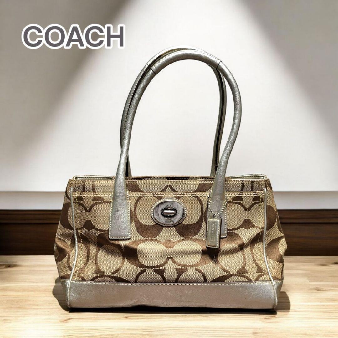Coach Signature Tote Bag Genuine Leather Pre-Owned 19.5x29.5x11cm  