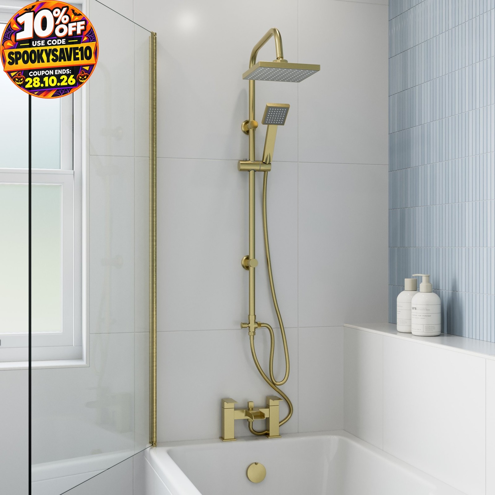Bath Shower Mixer Waterfall Tap Kit Square Riser Rail Dual Heads Brushed Brass