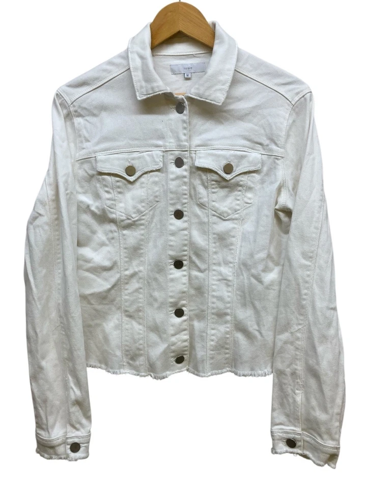Chaqueta Htraiz Blanca Denim Lentejuelas Flecos Recortada Elastizada Mezcla de Algodón Foto 2 de 4
