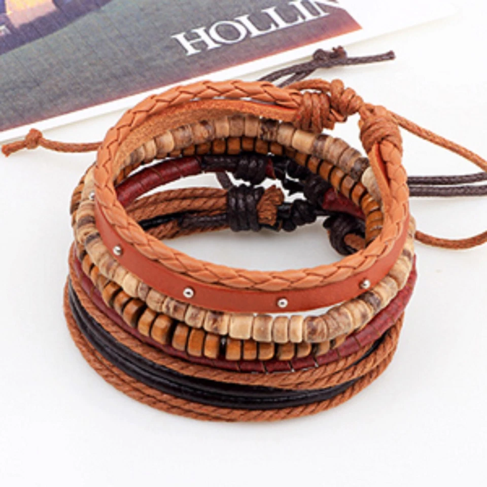 Pulseras apilables multihilo, cuentas de madera cuerda de cáñamo coco conjunto de 5 hilos Foto 3 de 4