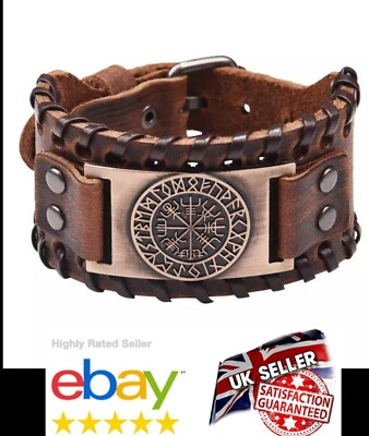 Vegvisir Icelandic Magic Stave Heathen Viking Compass Rune Leather Bracelet UK