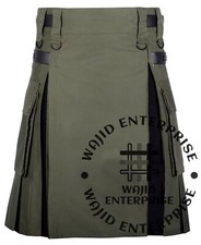 Scottish Men Olive Green With Black Cotton Hybrid Utility Kilt Custom Size Kilts
