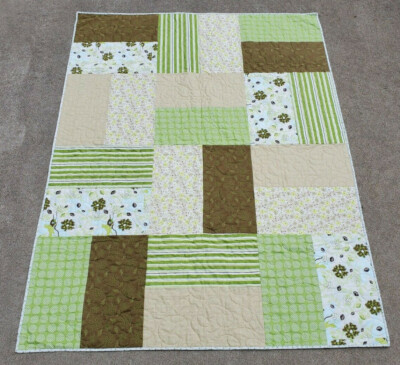 NEW~ Neon Geen & Brown Flowered 48 x 64 Lap Finished Quilt~Tan Stripe White