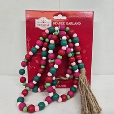 Holiday Time Pink Red Green Wood Beaded Garland 4 Ft Length Small Size Beads