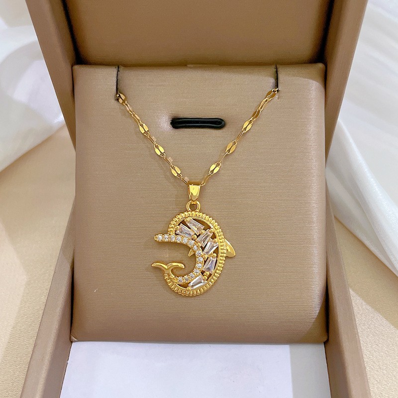 Zircon Dolphin Light-Luxury Gold Tone Crystal Style Fashion Necklace