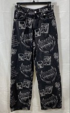 Bershka Women's NWT Jeans Washed Black Graphic Print Metal Hoodoo Sz 28