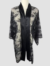 Victoria's Secret Black Lace Kimono Robe One Size Satin Trim Floral Mesh Wrap