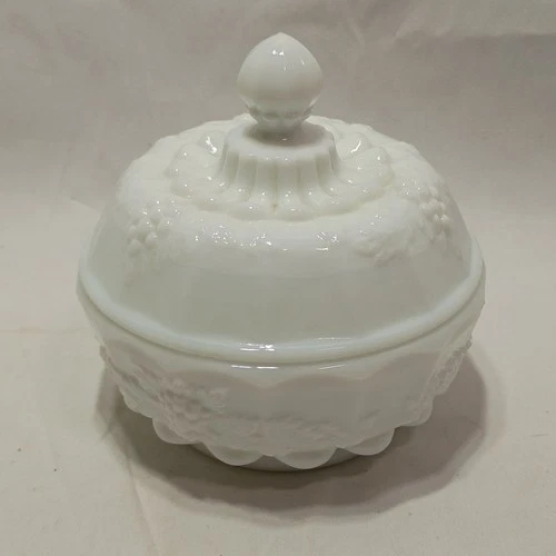Vintage Westmoreland Milk Glass Grape & Harvest Paneled Candy Dish with Lid