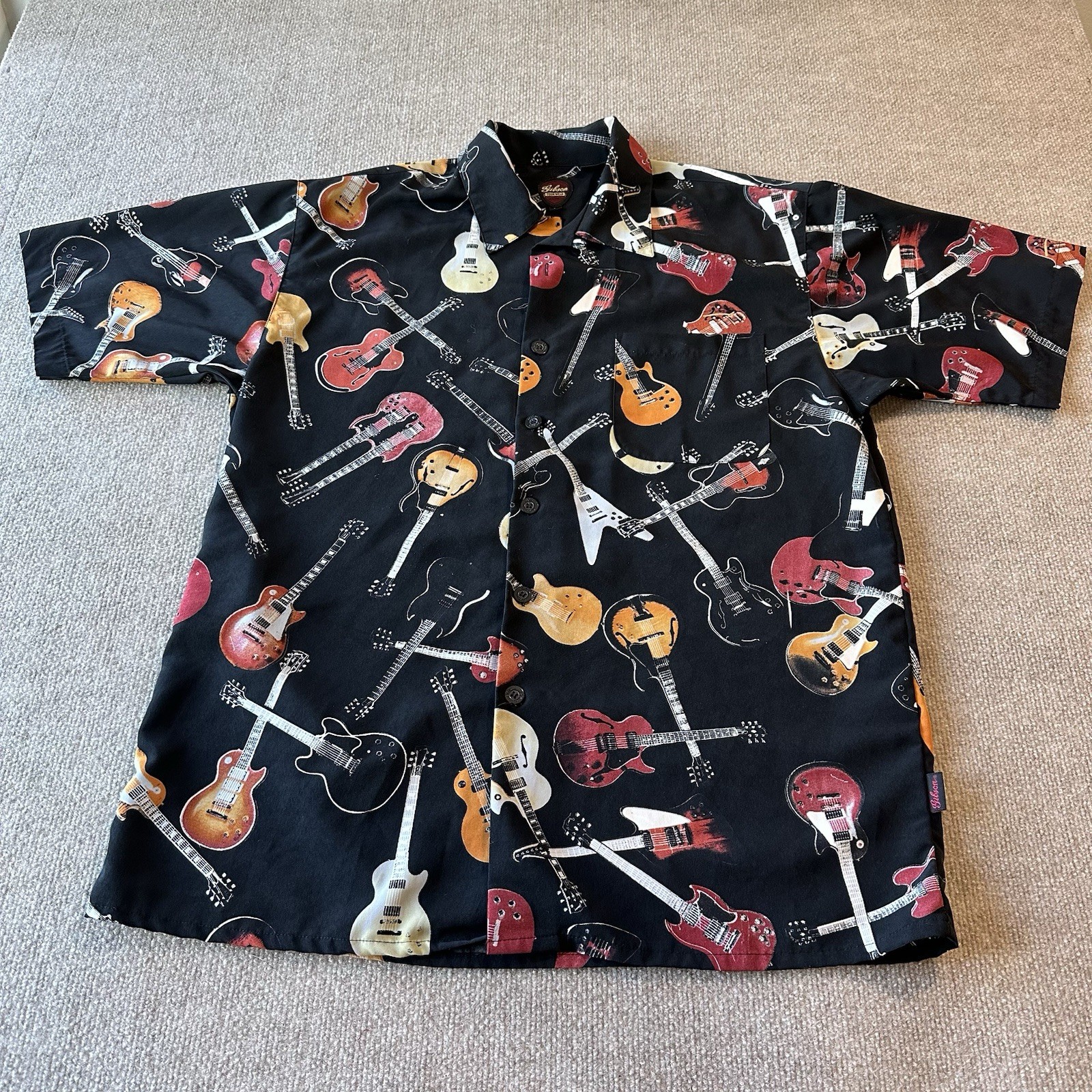 Gibson Tour Wear Button Shirt Mens Large Black All Over Guit