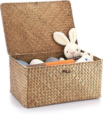 Handwoven Seagrass Wicker Shelf Baskets with Lid - X-Large Storage Bins