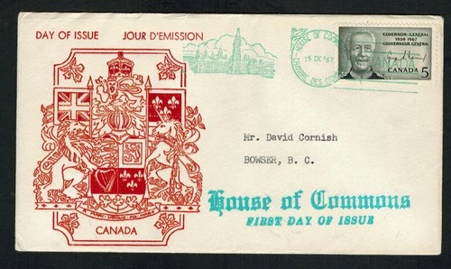 Canada #474, 1967 5¢ Georges Vanier, unknown Coat-of-Arms thermal cachet FDC