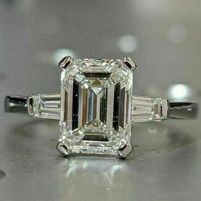 2.51CT Emerald Cut Moissanite Three Stone Engagement Ring 14K White Gold Plated
