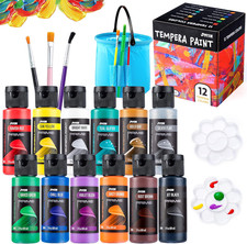 12PCS Washable Kids Tempera Paint Set 2 Oz Each , 6 Brushes, 2 Palette  1 Stre
