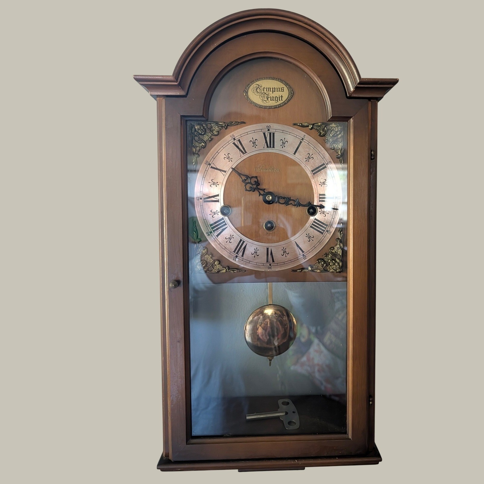 Vintage Tradition Tempus Fugit Wall Clock West Germany Wood Pendulum with Key
