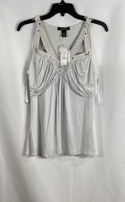 #ad #ad White House Black Market Women#x27;s Gray Embellished V Neck Sleeveless Top Sz M NWT $15.29