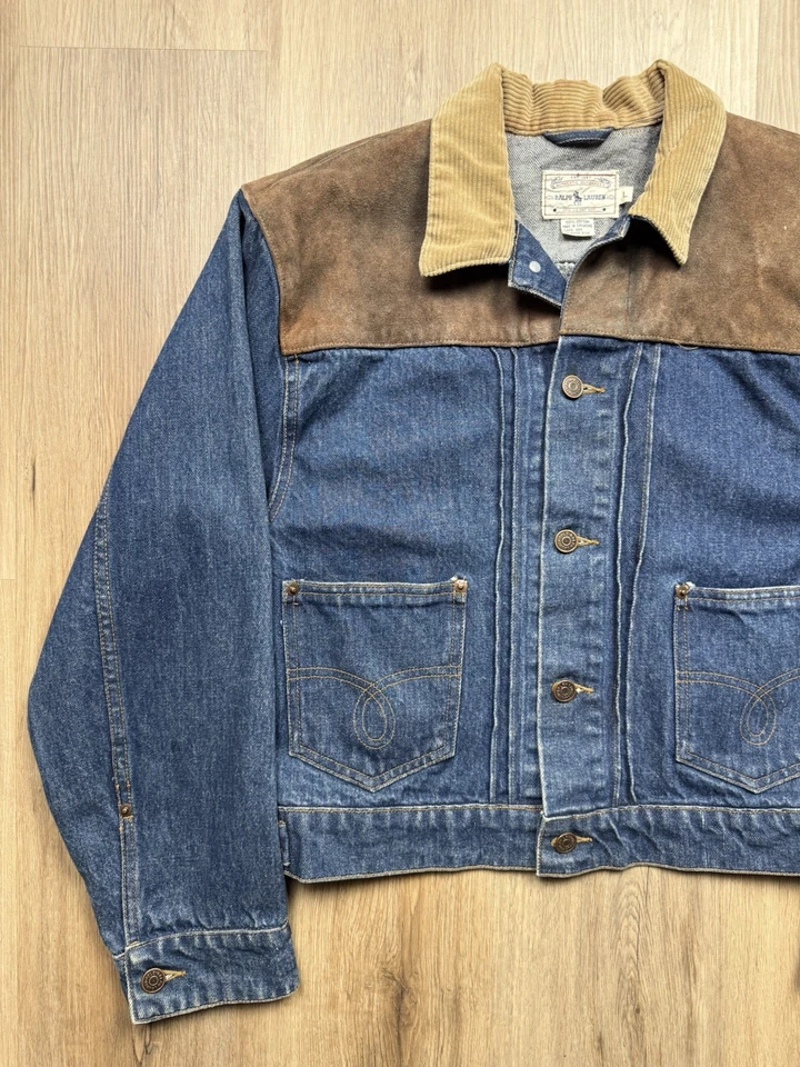 Chaqueta de Camionero Ralph Lauren Denim Años 80 De Colección Para Mujer Grande Cuero Occidental RARA Foto 3 de 4
