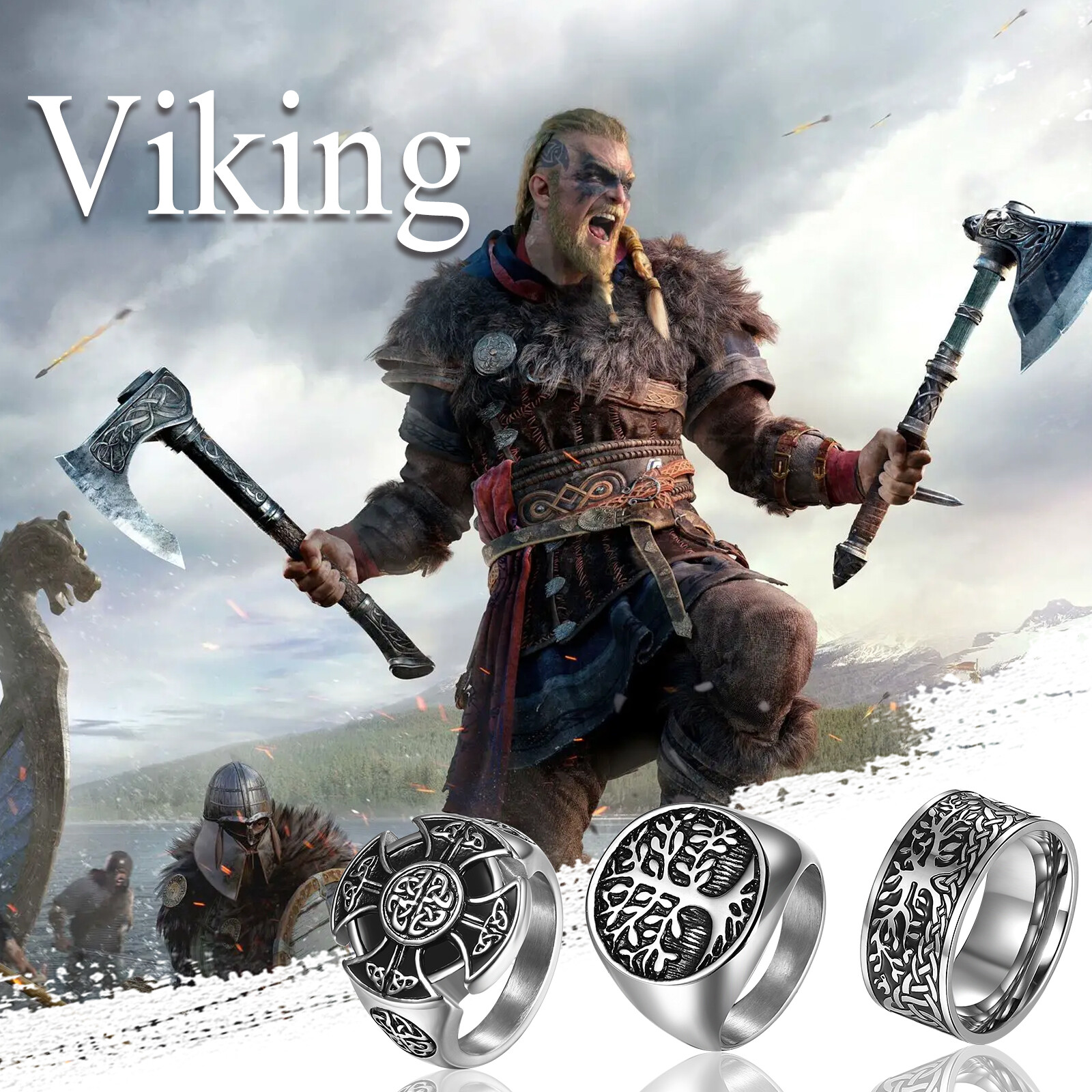 3Pcs Men's Viking Vegvisir Rings Vintage Nordic Stainless Steel Talisman Ring