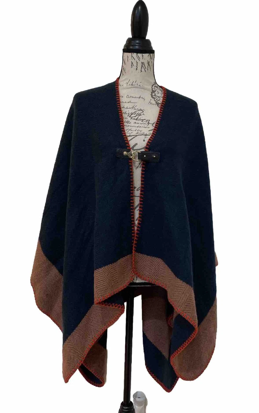 Vince Camuto Teal Herringbone Whipstitch Poncho Ruana Cape Shawl