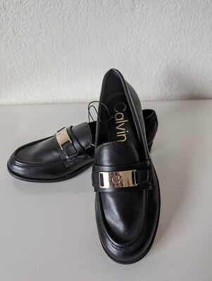 Calvin Klein Classic Loafers Shoes Black Leather Size NEW