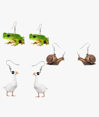 New 3 PC Animal Novelty Dangle Earrings Set Frog, Snail, Goose/duck 