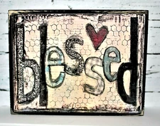Blessed Inspirational Primitive Rustic Farmhouse Sign Block Shelf Sitter 3.5X4.5