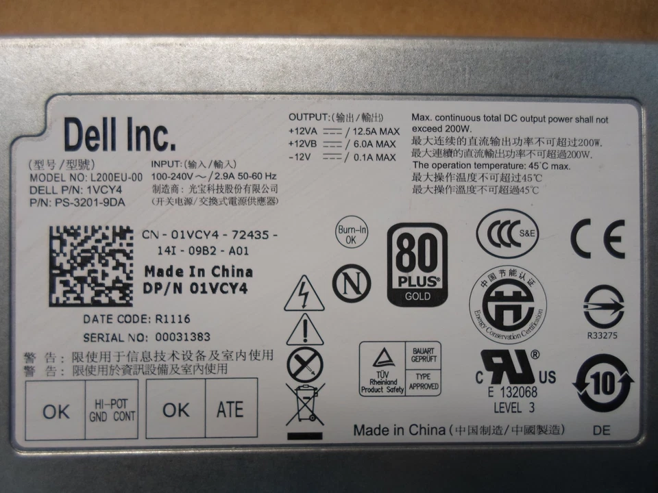 Dell OptiPlex 01VCY4 PSU 7010 9010 790 990 PSU 200W 0KG1G0 04GVWP 06FG9T - Image 3 of 4