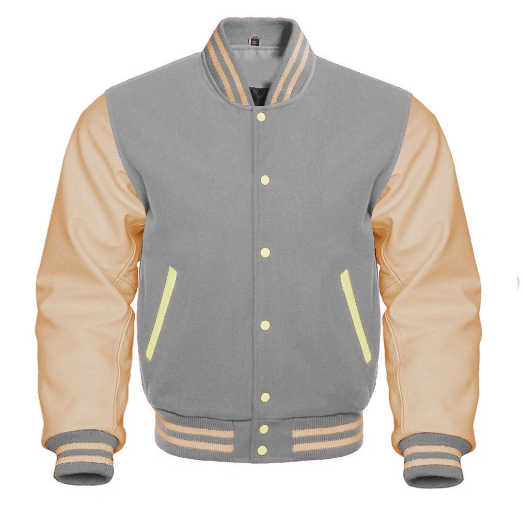 Mens Letterman Basketball Varsity Jacket Grey Wool Yellow Leather Sleeves Jacket