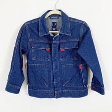 GAP Kids Denim Jean Jacket Snap Front 100 Cotton Pockets Sz Small Blue Red Tabs
