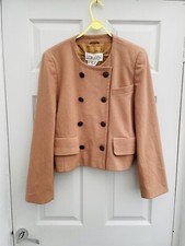 Laurèl Coffee Beige 80% Wool Double Breasted Collarless Jacket Sz 14 Exc Cond