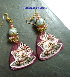 Sage Rosebuds & Tea Cups Handmade Artisan Earrings Coffee Tea Toters Lampwork