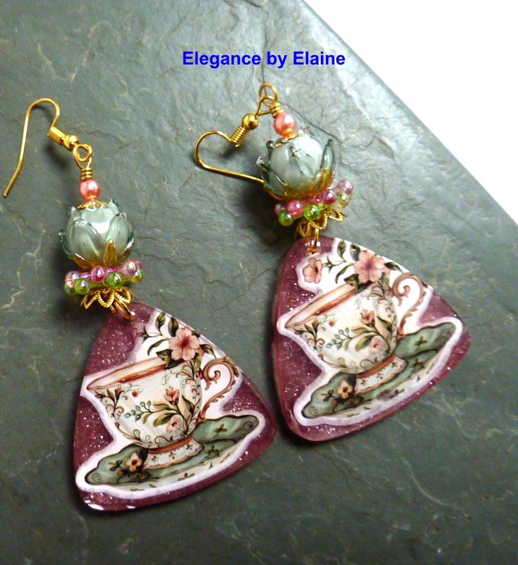 Sage Rosebuds & Tea Cups Handmade Artisan Earrings Coffee Tea Toters Lampwork