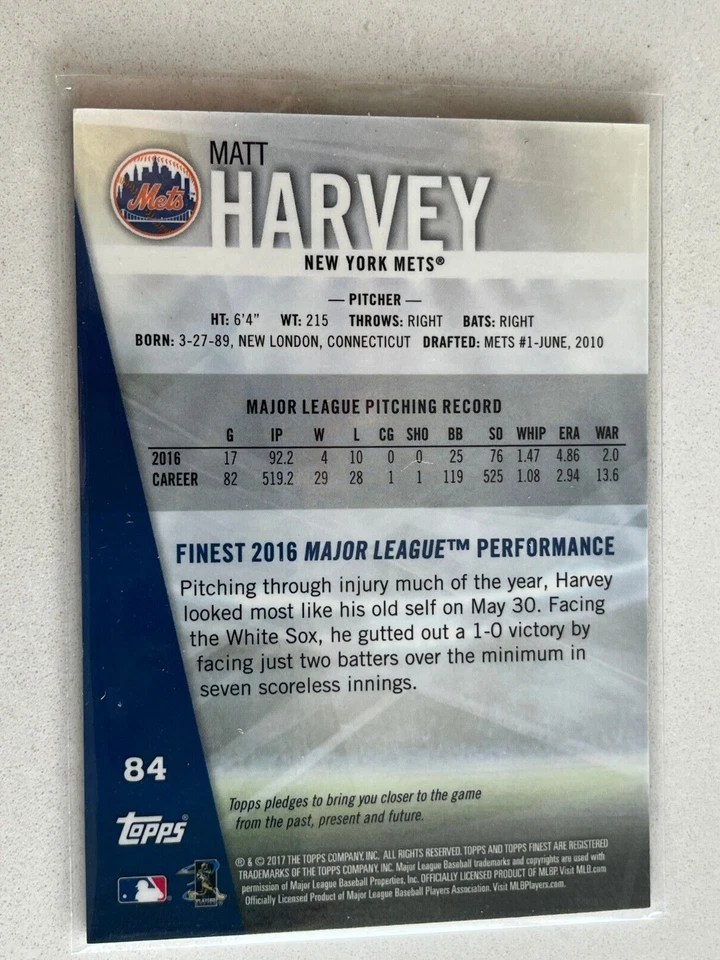 Matt Harvey Topps Finest 2017 12/5 New York Mets #84 - Image 2 of 2