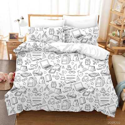 3D Office Study Tools Hand Drawn Quilt Cover Set Bedding Sets Pillowcases Queen