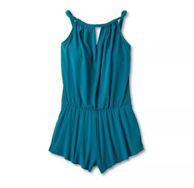  (22) Women's Aqua Green High Neck Swim Romper One Piece Swimsuit Teal