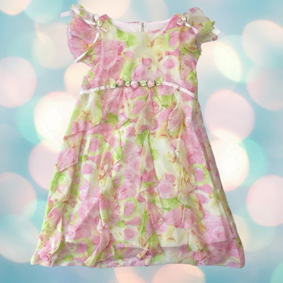 Biscotti Girl’s Pink Green Floral Ruffle Silk Spring Formal Dress Size 6X - Image 2 of 4