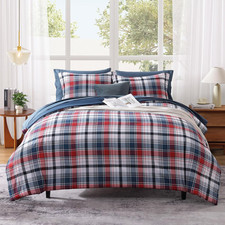 Queen Size Plaid Comforter Set Navy Red, Classic 7 Pieces Farmhouse Bedding Set,