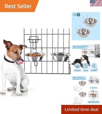 Set of 2 Stainless-Steel Dog Bowls - Cage, Kennel, and Crate Hanging Pet Bowl...